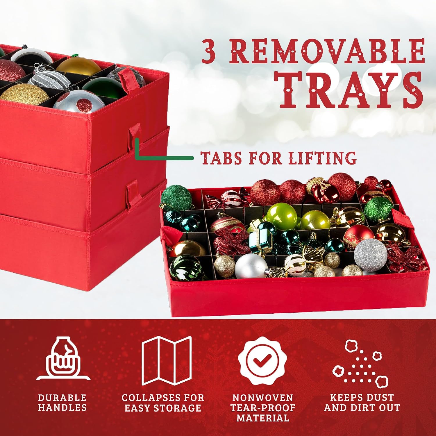 Christmas Ornament Storage Container.Box Stores Up to 54. Adjustable Dividers. Large Organizer Bin to Protect and Store Holiday Décor - Image 3